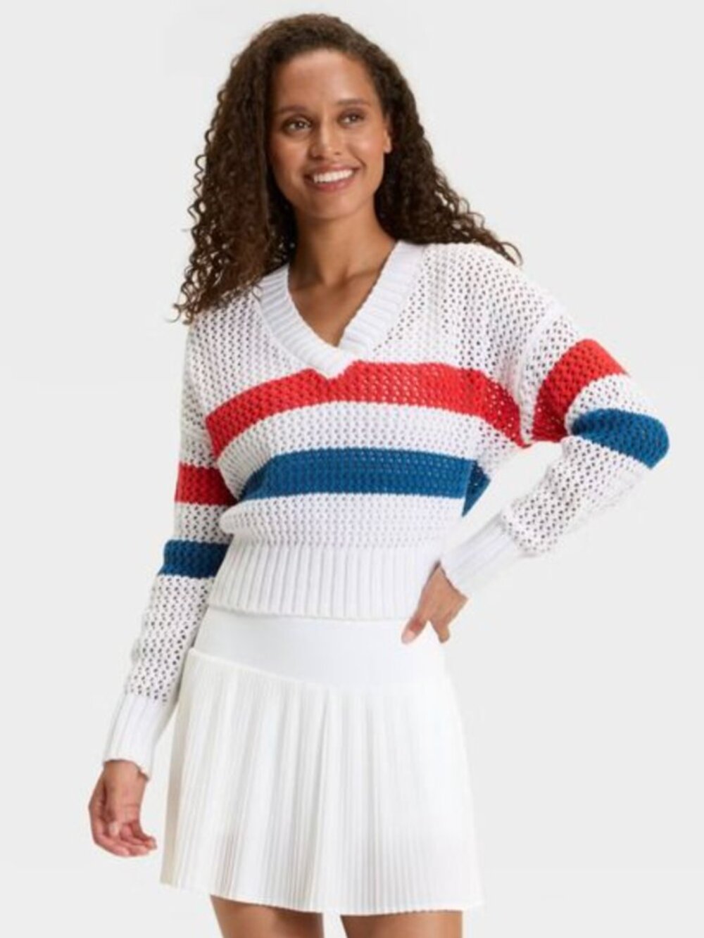 JoyLab Striped V-Neck Sweater White Red Blue Preppy Open Knit NEW Women's Size S